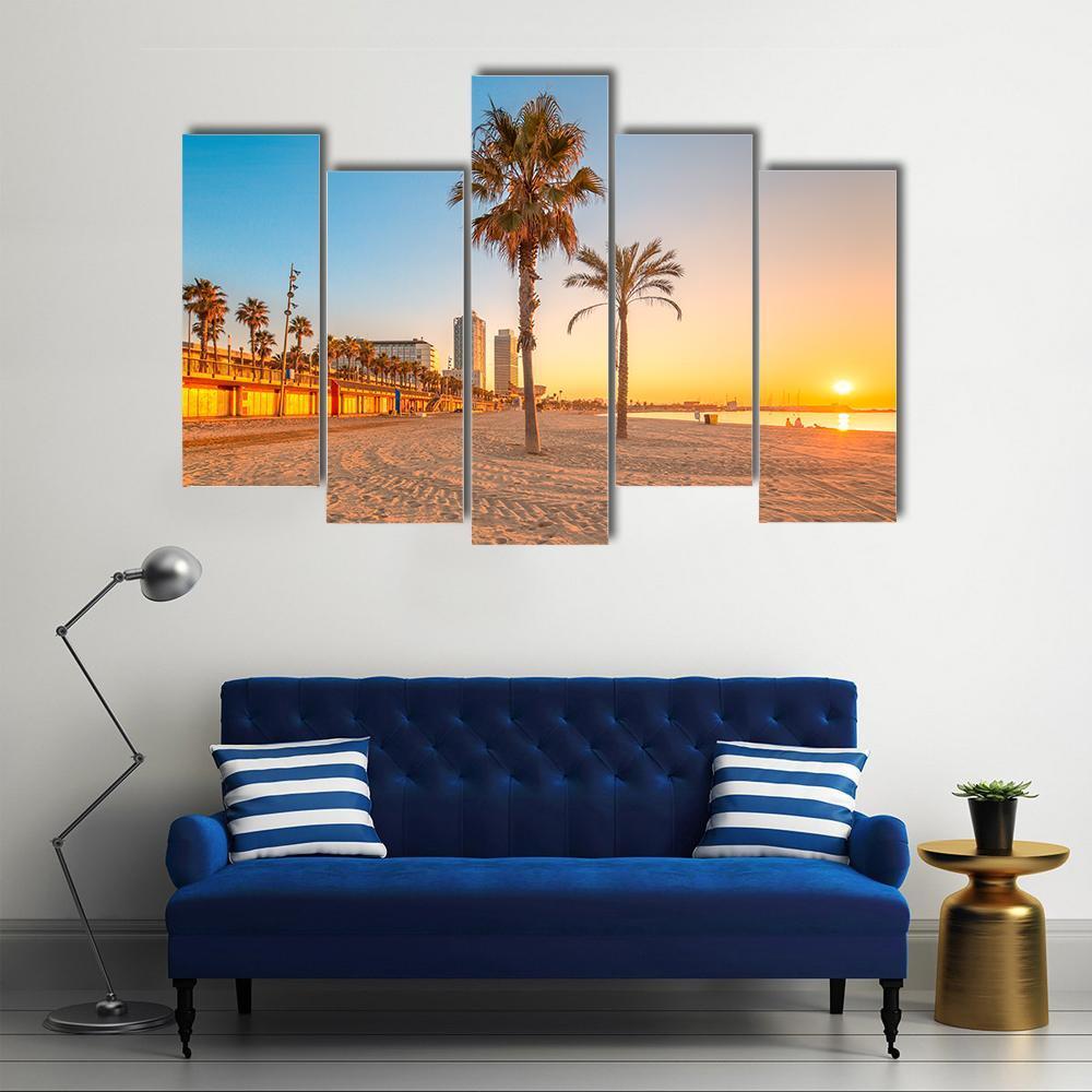 Barceloneta Beach At Sunrise Canvas Wall Art-5 Pop-Gallery Wrap-47" x 32"-Tiaracle