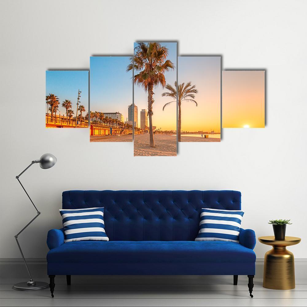 Barceloneta Beach At Sunrise Canvas Wall Art-5 Star-Gallery Wrap-62" x 32"-Tiaracle