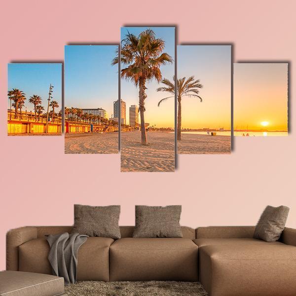 Barceloneta Beach At Sunrise Canvas Wall Art-5 Star-Gallery Wrap-62" x 32"-Tiaracle
