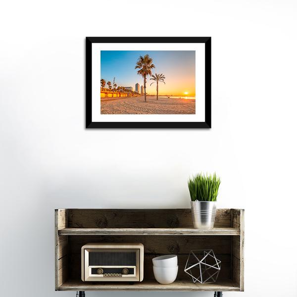 Barceloneta Beach At Sunrise Canvas Wall Art-1 Piece-Framed Print-20" x 16"-Tiaracle