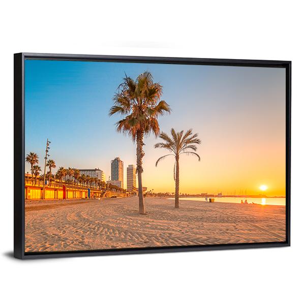 Barceloneta Beach At Sunrise Canvas Wall Art-3 Horizontal-Gallery Wrap-25" x 16"-Tiaracle