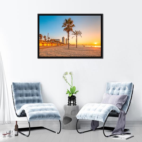 Barceloneta Beach At Sunrise Canvas Wall Art-3 Horizontal-Gallery Wrap-25" x 16"-Tiaracle