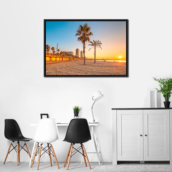 Barceloneta Beach At Sunrise Canvas Wall Art-3 Horizontal-Gallery Wrap-25" x 16"-Tiaracle