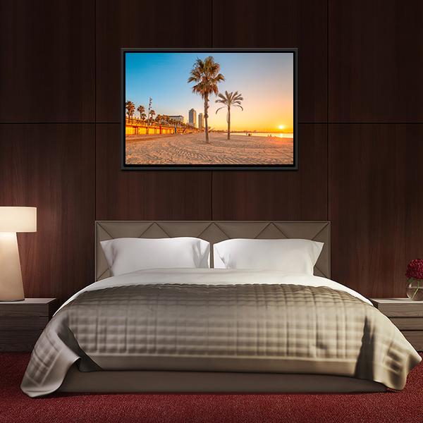 Barceloneta Beach At Sunrise Canvas Wall Art-3 Horizontal-Gallery Wrap-25" x 16"-Tiaracle