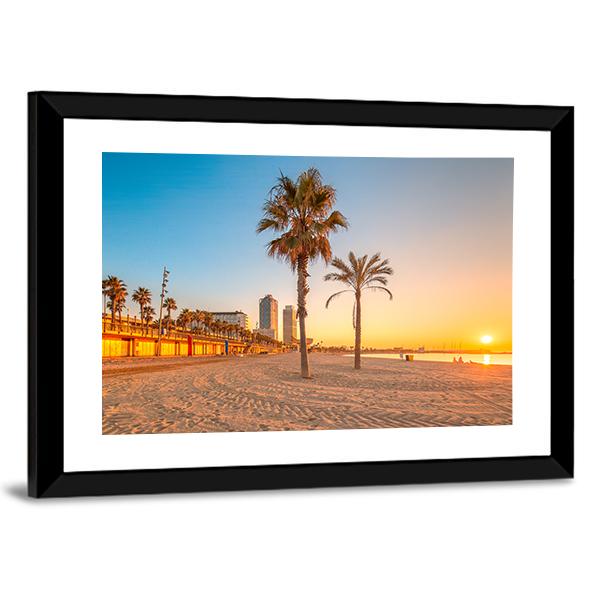 Barceloneta Beach At Sunrise Canvas Wall Art-3 Horizontal-Gallery Wrap-25" x 16"-Tiaracle