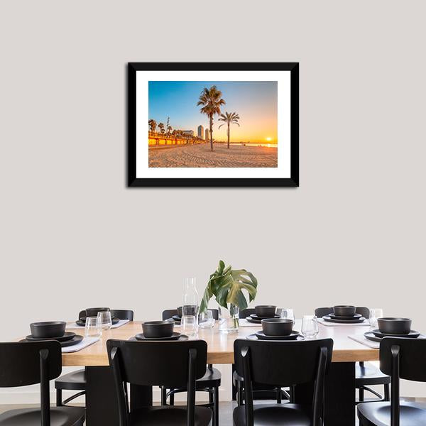Barceloneta Beach At Sunrise Canvas Wall Art-3 Horizontal-Gallery Wrap-25" x 16"-Tiaracle