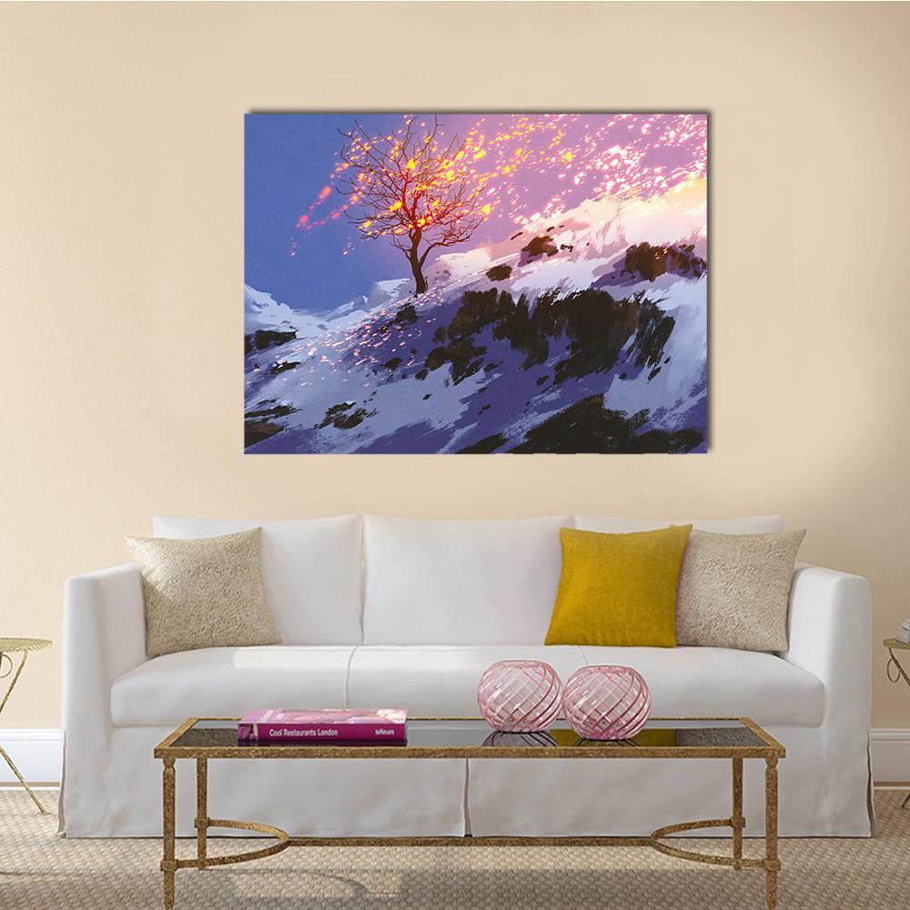 Bare Winter Tree with Glowing Particles Canvas Wall Art in white, blue and purple, single panel hung on a wall