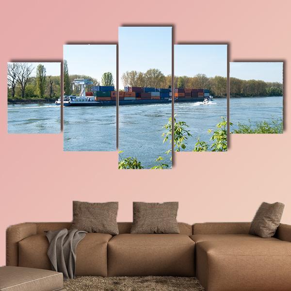 Barge On The Rhine River Canvas Wall Art-5 Star-Gallery Wrap-62" x 32"-Tiaracle