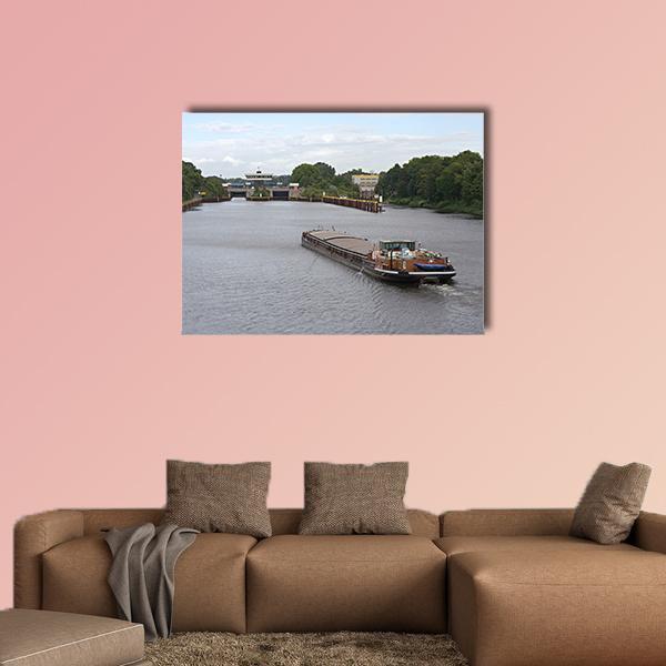 Barge Moving In Canal Canvas Wall Art-1 Piece-Gallery Wrap-48" x 32"-Tiaracle