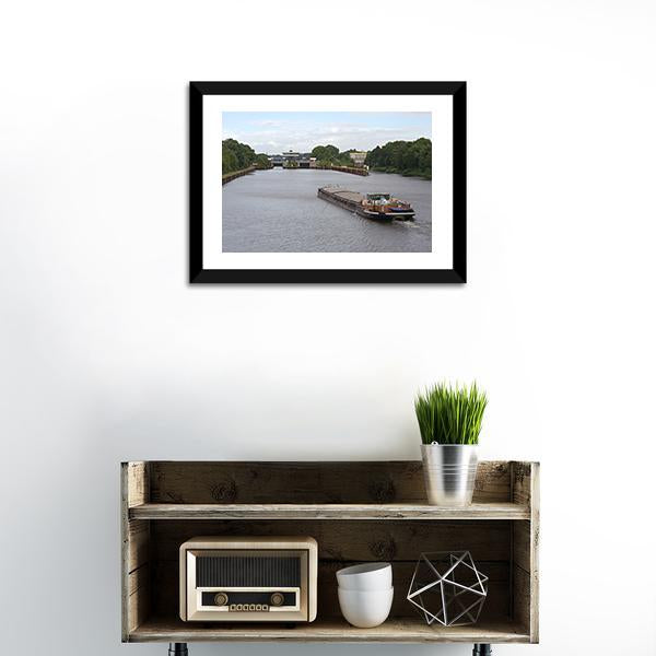 Barge Moving In Canal Canvas Wall Art-1 Piece-Framed Print-20" x 16"-Tiaracle