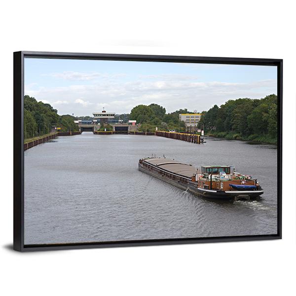 Barge Moving In Canal Canvas Wall Art-3 Horizontal-Gallery Wrap-25" x 16"-Tiaracle