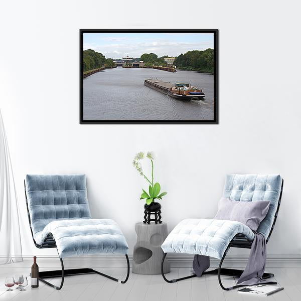 Barge Moving In Canal Canvas Wall Art-3 Horizontal-Gallery Wrap-25" x 16"-Tiaracle