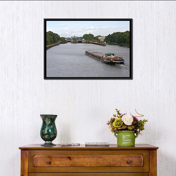 Barge Moving In Canal Canvas Wall Art-1 Piece-Floating Frame-24" x 16"-Tiaracle
