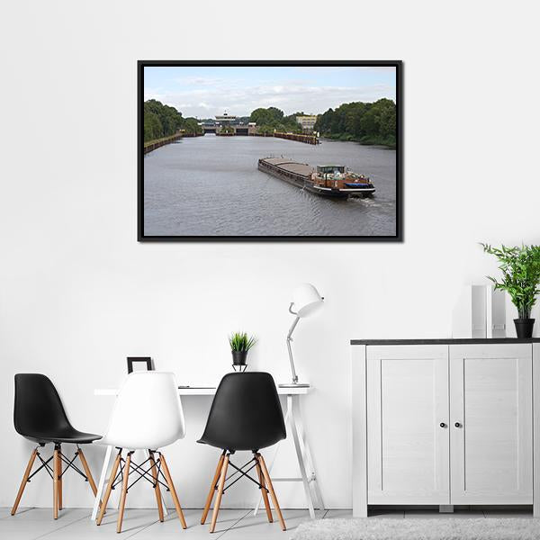 Barge Moving In Canal Canvas Wall Art-3 Horizontal-Gallery Wrap-25" x 16"-Tiaracle