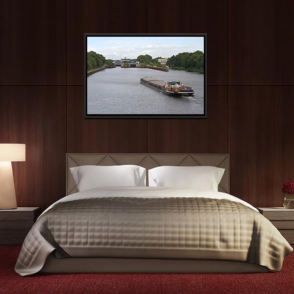 Barge Moving In Canal Canvas Wall Art-3 Horizontal-Gallery Wrap-25" x 16"-Tiaracle