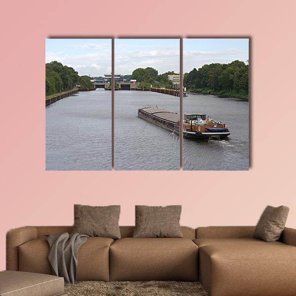 Barge Moving In Canal Canvas Wall Art-3 Horizontal-Gallery Wrap-25" x 16"-Tiaracle