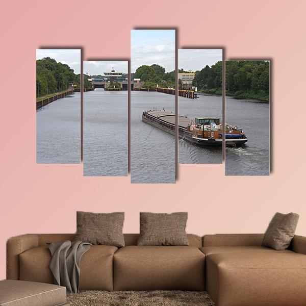 Barge Moving In Canal Canvas Wall Art-5 Pop-Gallery Wrap-47" x 32"-Tiaracle