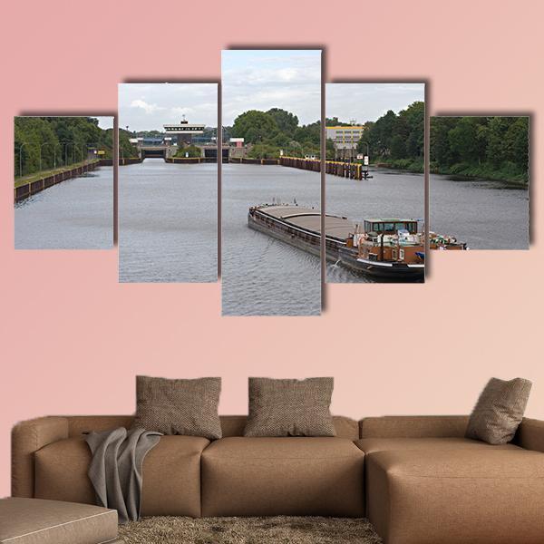 Barge Moving In Canal Canvas Wall Art-5 Star-Gallery Wrap-62" x 32"-Tiaracle