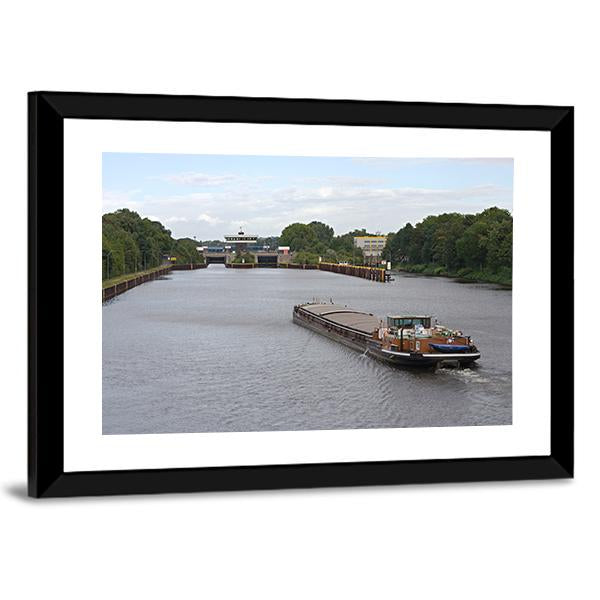Barge Moving In Canal Canvas Wall Art-3 Horizontal-Gallery Wrap-25" x 16"-Tiaracle