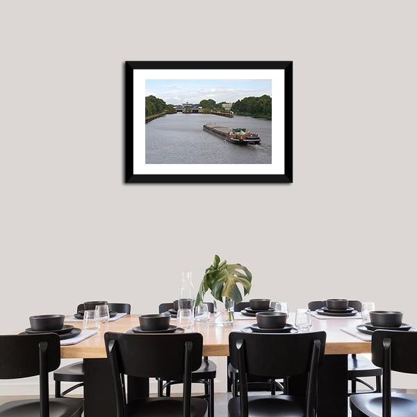 Barge Moving In Canal Canvas Wall Art-3 Horizontal-Gallery Wrap-25" x 16"-Tiaracle
