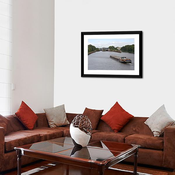 Barge Moving In Canal Canvas Wall Art-3 Horizontal-Gallery Wrap-25" x 16"-Tiaracle