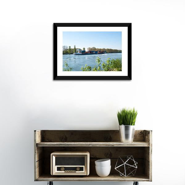 Barge On The Rhine River Canvas Wall Art-1 Piece-Framed Print-20" x 16"-Tiaracle