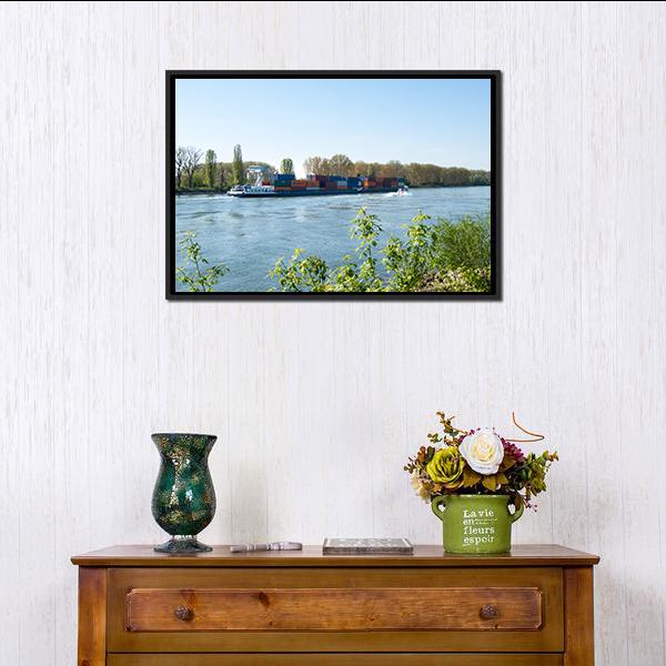 Barge On The Rhine River Canvas Wall Art-1 Piece-Floating Frame-24" x 16"-Tiaracle