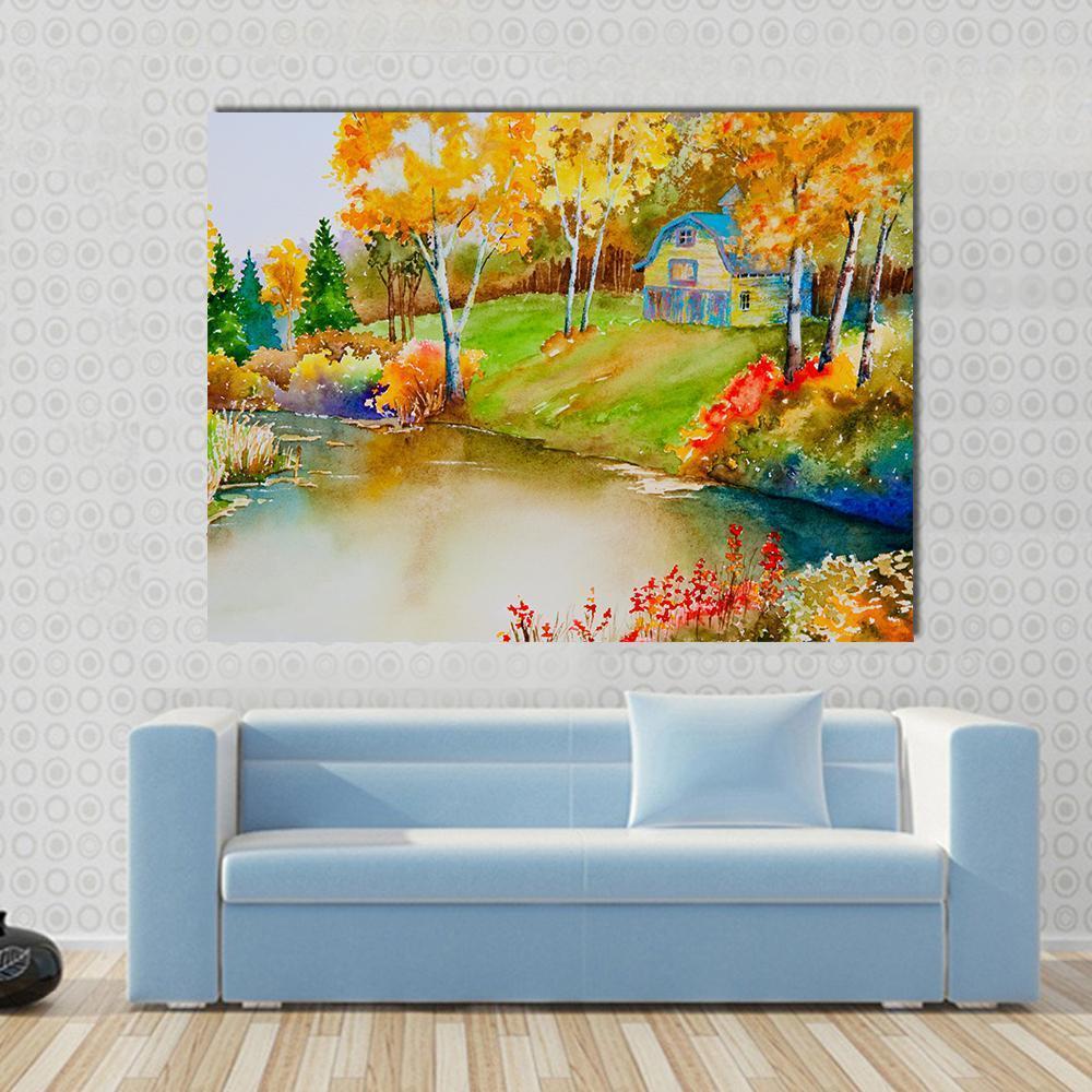 Barn &amp; Pond in Autumn Canvas Wall Art in orange, yellow and green, single panel hung on a wall