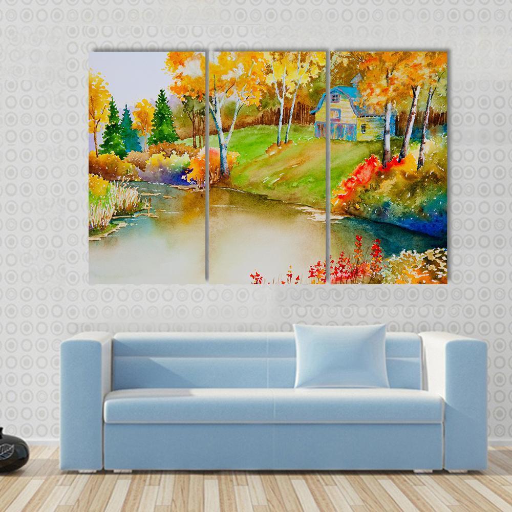 Barn &amp; Pond In Autumn Canvas Wall Art-3 Horizontal-Gallery Wrap-37" x 24"-Tiaracle