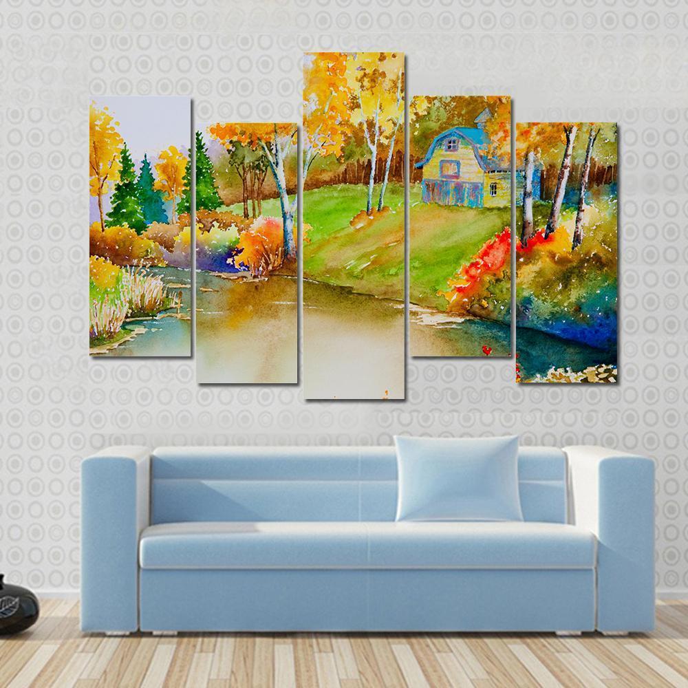 Barn & Pond In Autumn Canvas Wall Art-5 Pop-Gallery Wrap-47" x 32"-Tiaracle