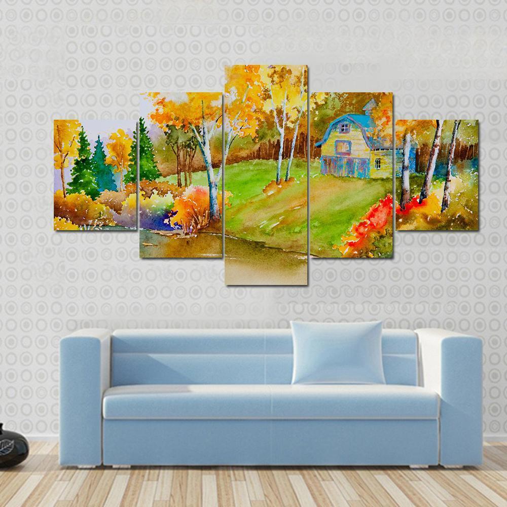 Barn & Pond In Autumn Canvas Wall Art-5 Star-Gallery Wrap-62" x 32"-Tiaracle