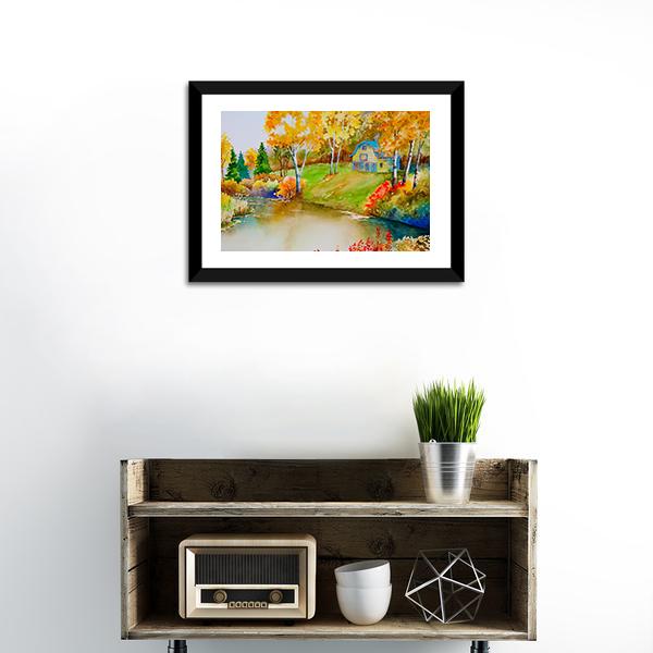 Barn & Pond In Autumn Canvas Wall Art-1 Piece-Framed Print-20" x 16"-Tiaracle