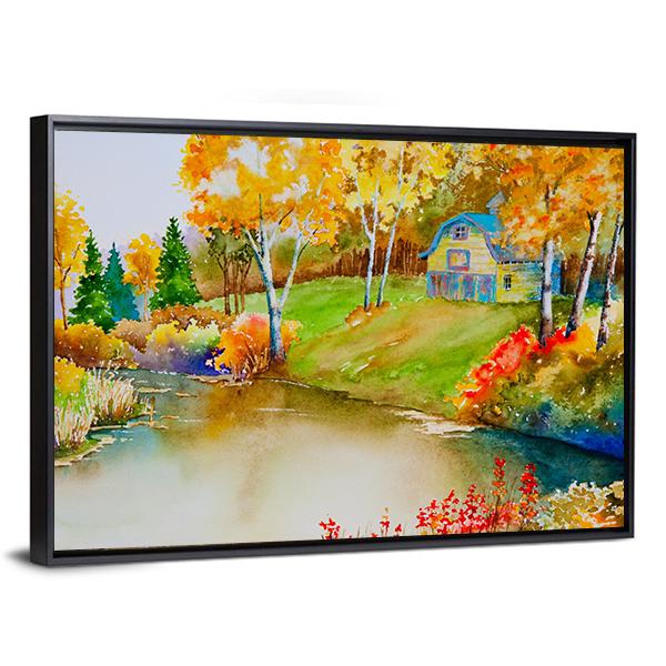 Barn & Pond In Autumn Canvas Wall Art-3 Horizontal-Gallery Wrap-25" x 16"-Tiaracle