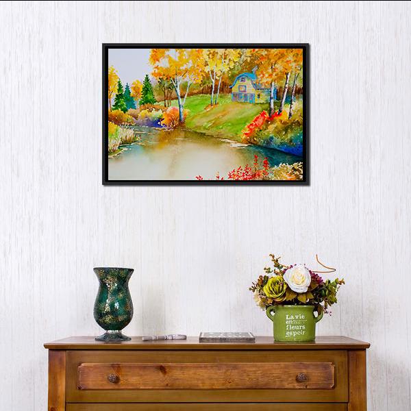 Barn & Pond In Autumn Canvas Wall Art-1 Piece-Floating Frame-24" x 16"-Tiaracle