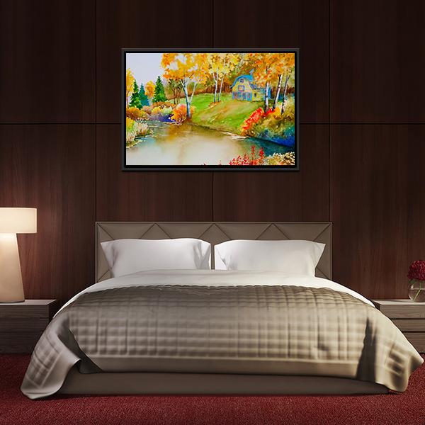 Barn & Pond In Autumn Canvas Wall Art-3 Horizontal-Gallery Wrap-25" x 16"-Tiaracle