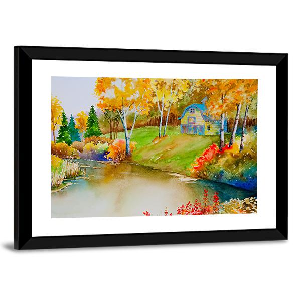Barn & Pond In Autumn Canvas Wall Art-3 Horizontal-Gallery Wrap-25" x 16"-Tiaracle