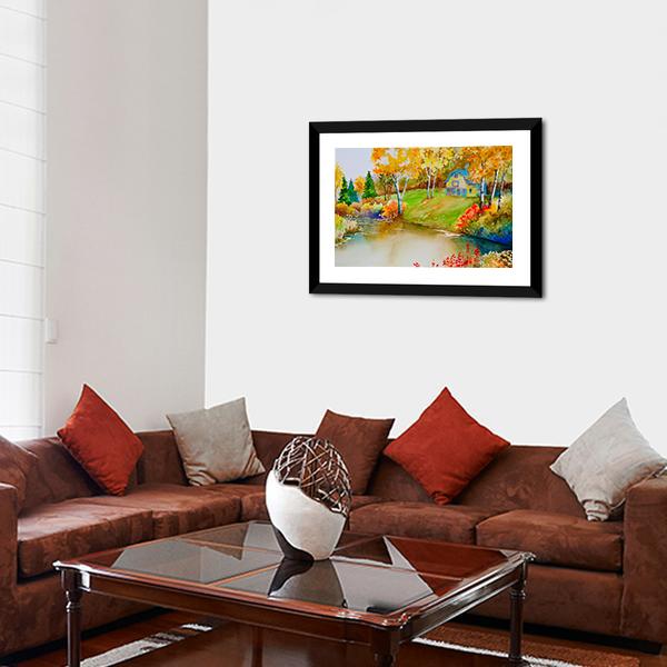 Barn & Pond In Autumn Canvas Wall Art-3 Horizontal-Gallery Wrap-25" x 16"-Tiaracle