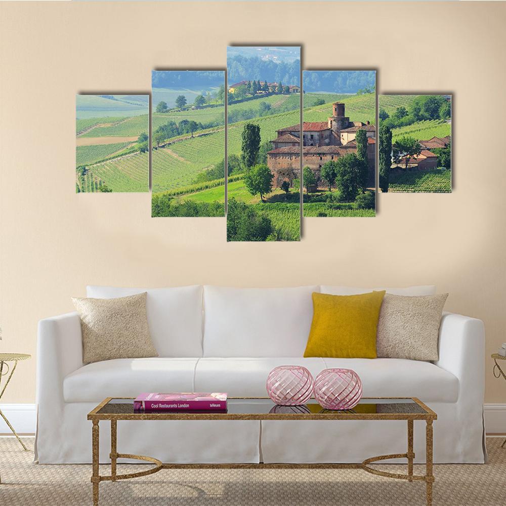 Barolo Castello Di La Volta Canvas Wall Art in brown, green and blue, 5 panel Star layout hung on a wall