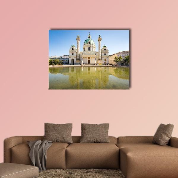 Baroque Karlskirche Vienna Canvas Wall Art in white, beige and blue, single panel hung on a wall