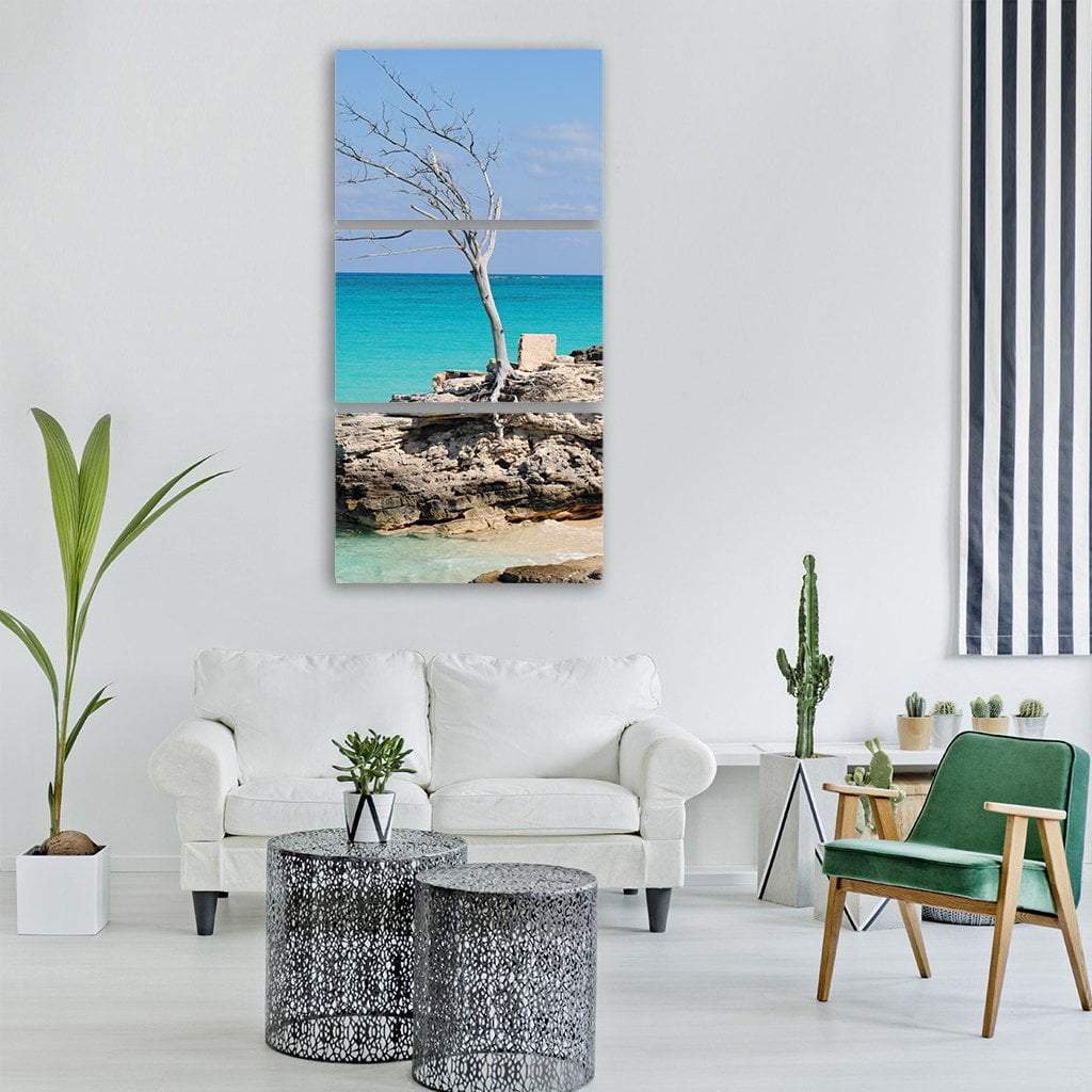 Barren Tree In Caribbean Sea Vertical Canvas Wall Art-3 Vertical-Gallery Wrap-12" x 25"-Tiaracle
