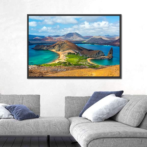 Bartolome Island Ecuador Seaside Landscape Canvas Wall Art in brown, orange and blue, framed canvas, product view on a white background