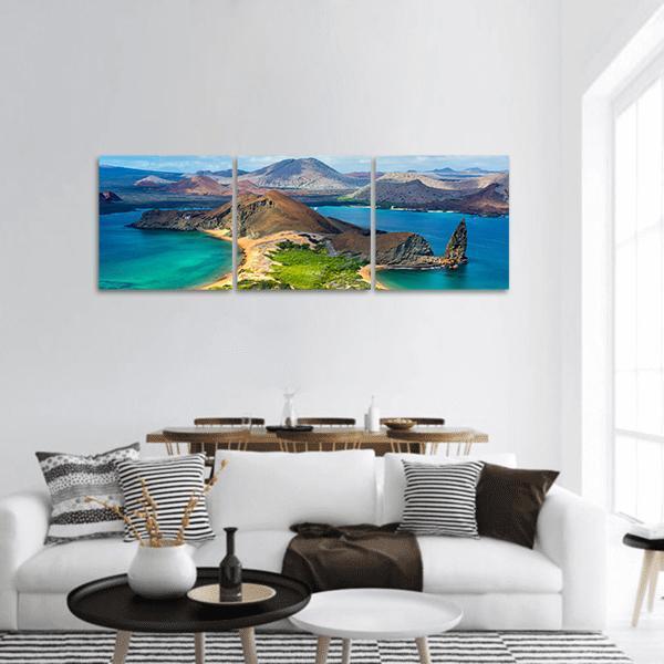 Bartolome Island Ecuador Turquoise Shoreline Panoramic Canvas Wall Art in brown, green and blue, hung on a wall