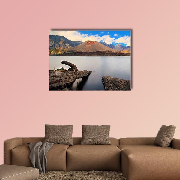 Baru Jari Mountain and Volcano Lake Canvas Wall Art in gray, brown and blue, single panel hung on a wall