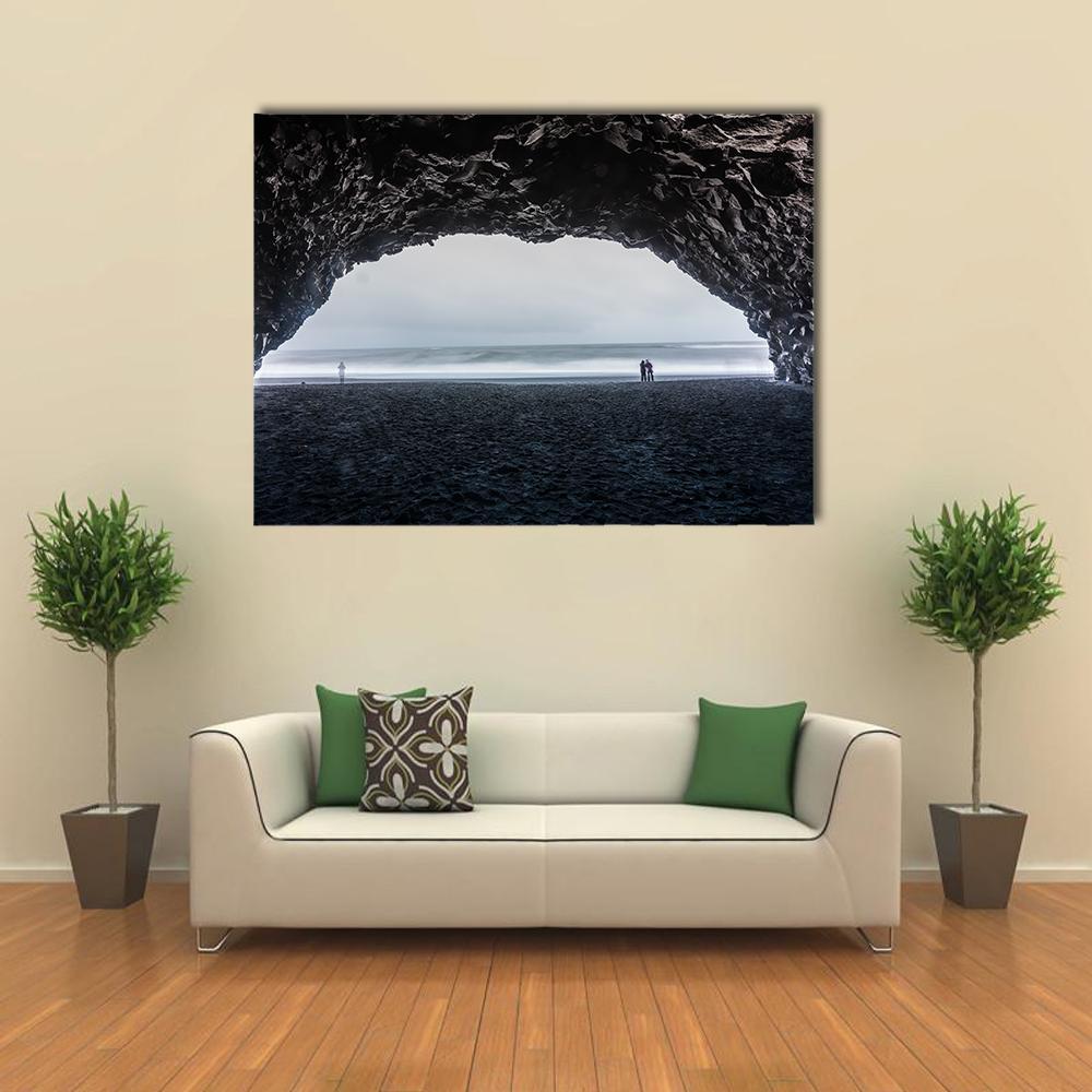 Reynisfjara Beach Cave Entrance Canvas Wall Art in black, white and gray, single panel hung on a wall