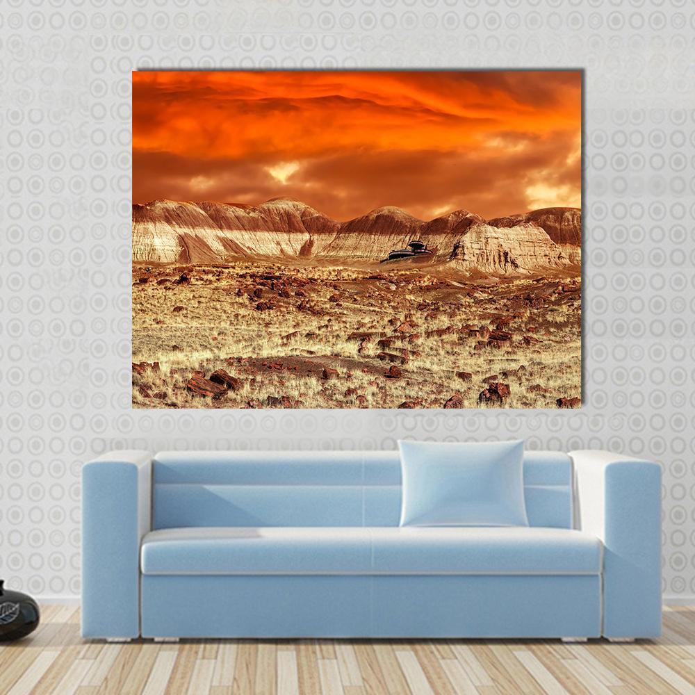 Base on Mars Abstract Canvas Wall Art in beige, brown and orange, single panel hung on a wall