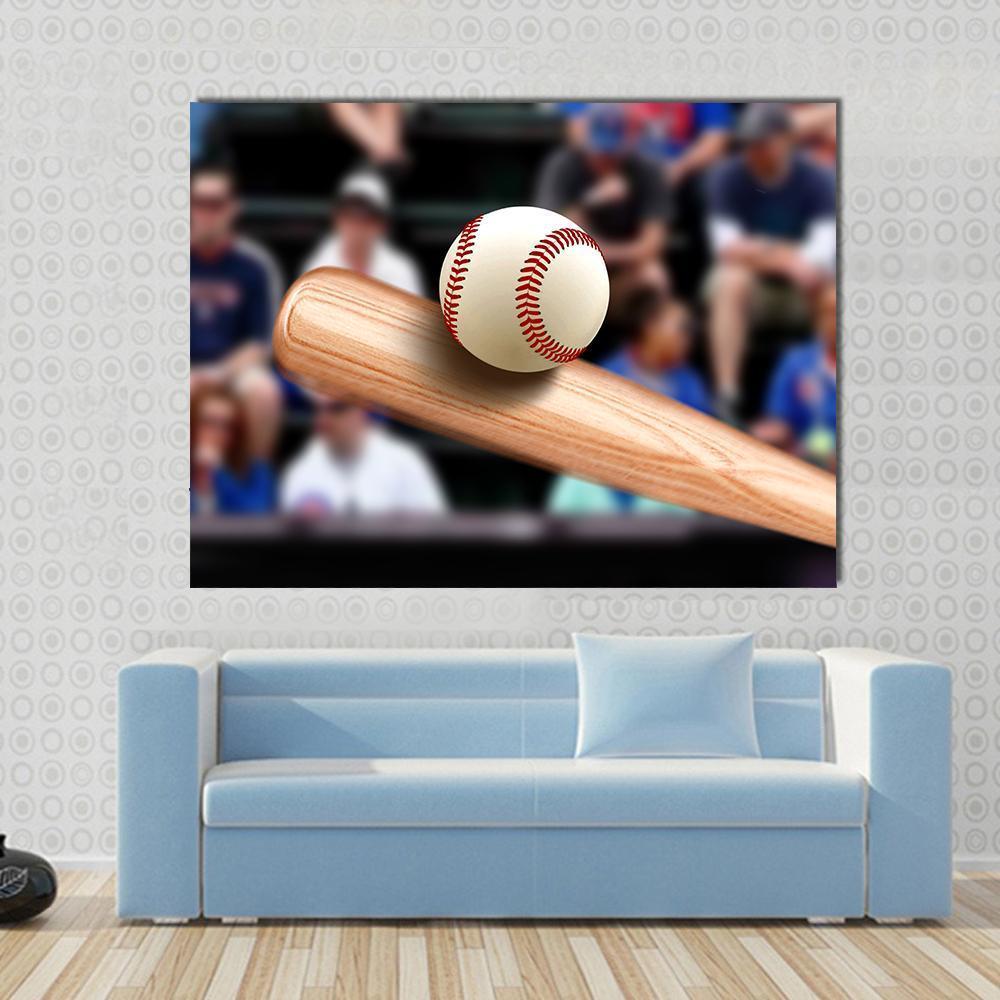 Baseball Bat Hitting Ball Canvas Wall Art in black, white and brown, single panel hung on a wall