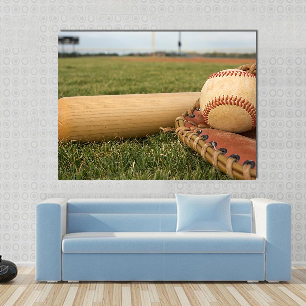 Baseball &amp; Bat On Field Canvas Wall Art-1 Piece-Gallery Wrap-48&quot; x 32&quot;-Tiaracle