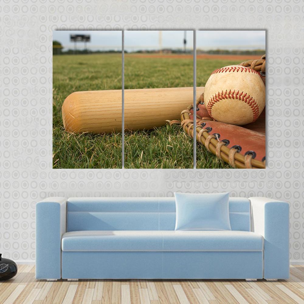 Baseball &amp; Bat On Field Canvas Wall Art-3 Horizontal-Gallery Wrap-37&quot; x 24&quot;-Tiaracle