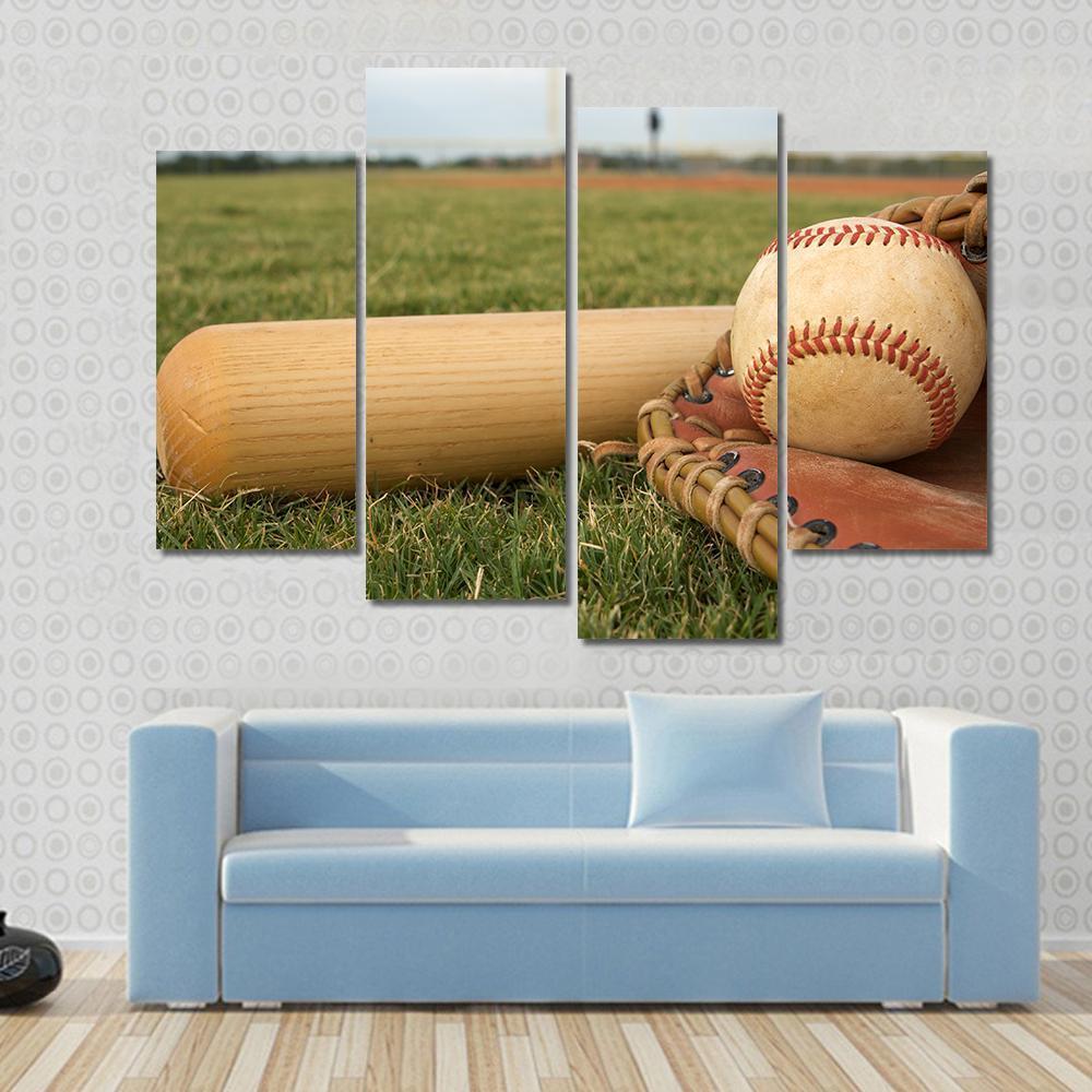 Baseball &amp; Bat On Field Canvas Wall Art-4 Pop-Gallery Wrap-50" x 32"-Tiaracle