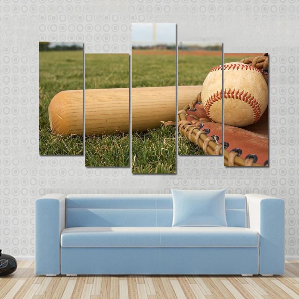 Baseball &amp; Bat On Field Canvas Wall Art-5 Pop-Gallery Wrap-47&quot; x 32&quot;-Tiaracle